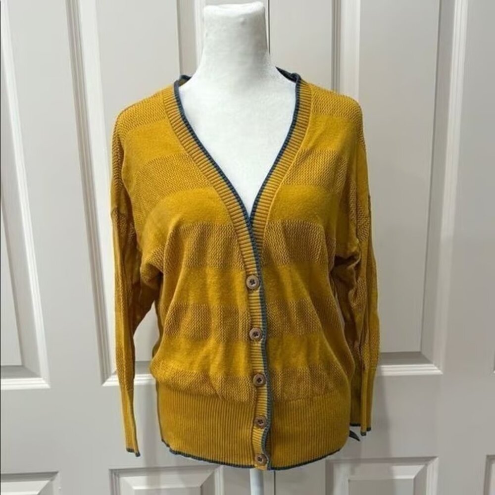 Matilda Jane with Joanna Gaines Mustard Women's Sweater with Blue Trim Size S